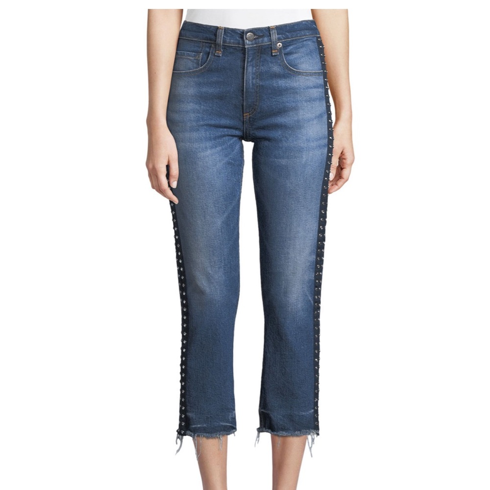 Veronica Beard Ines Cropped Straight-Leg Girlfriend Jeans W/ Rhinestones Size 25